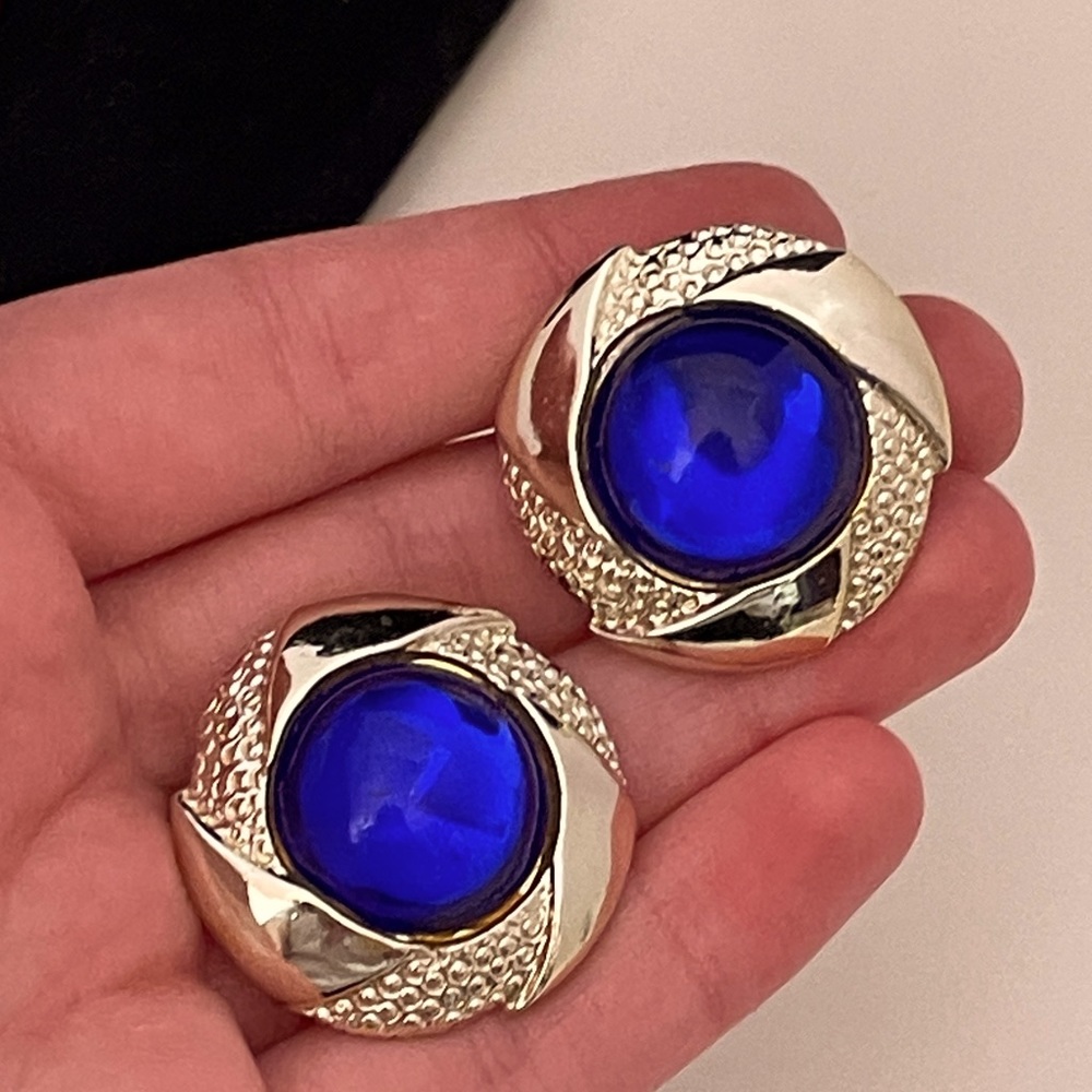 Vintage 80’s Silver Tone Royal Blue Rhinestone Holiday Winter Oversized Earrings